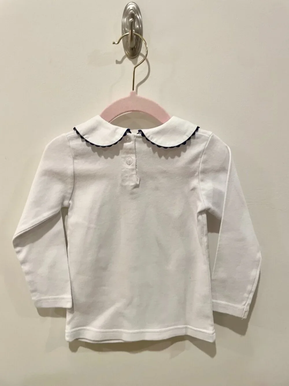 Girls White Peter Pan Collar shirt with Navy Ric Rac Trim - Sz 24 mo.